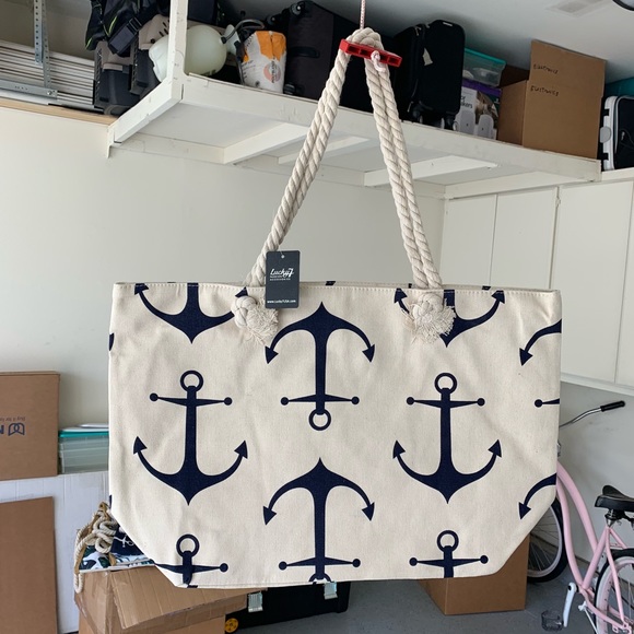 Nautical Canvas Beach Tote with Rope Straps - Picture 2 of 3